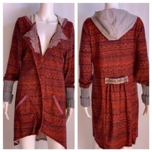 BKE Bohemian Burgundy and Gray Hooded Longline Embroidered Cardigan Duster